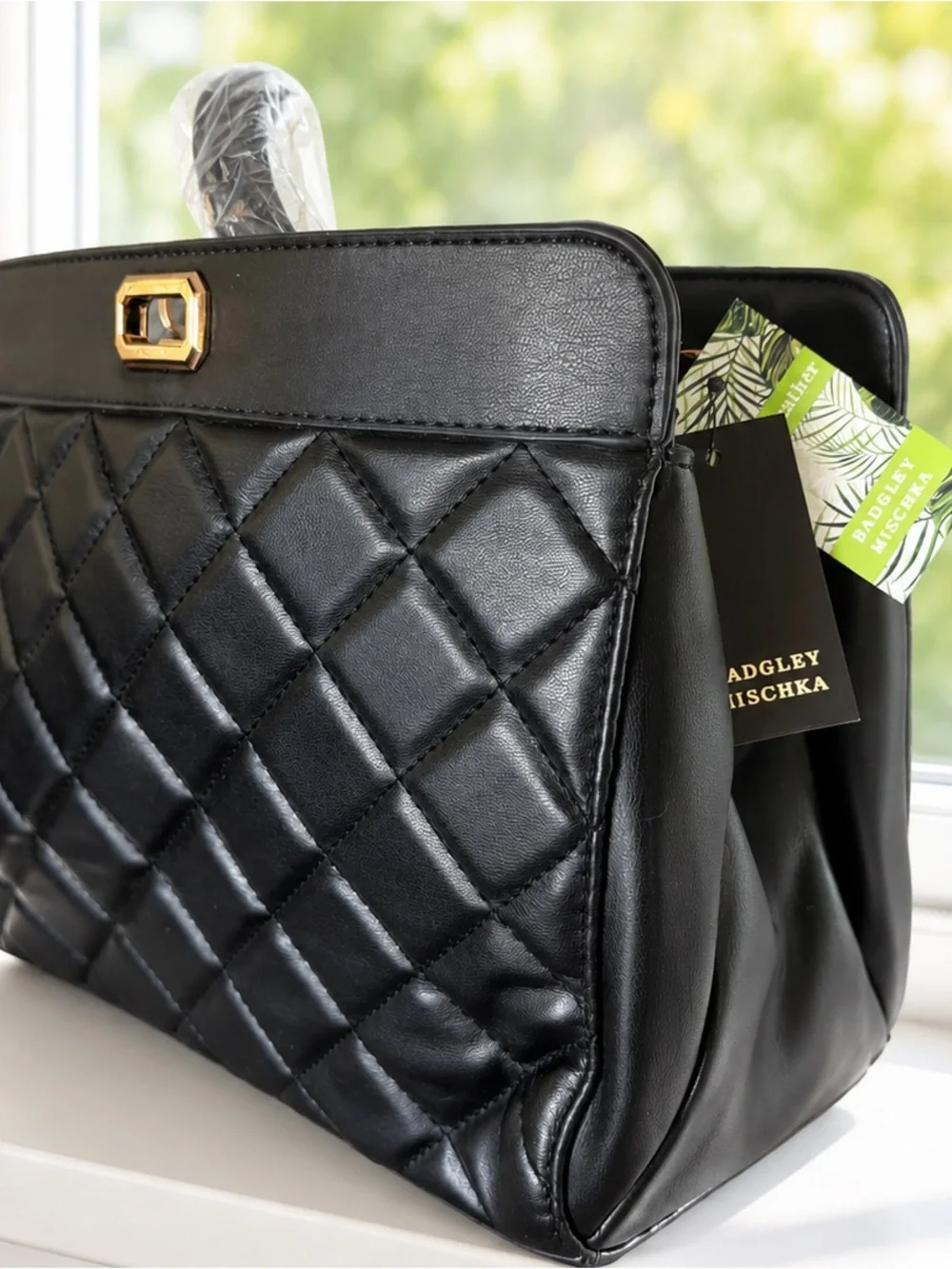 Badgley Mischka Black Quilted Satchel Handbag – Gold Hardware & Detachable Strap